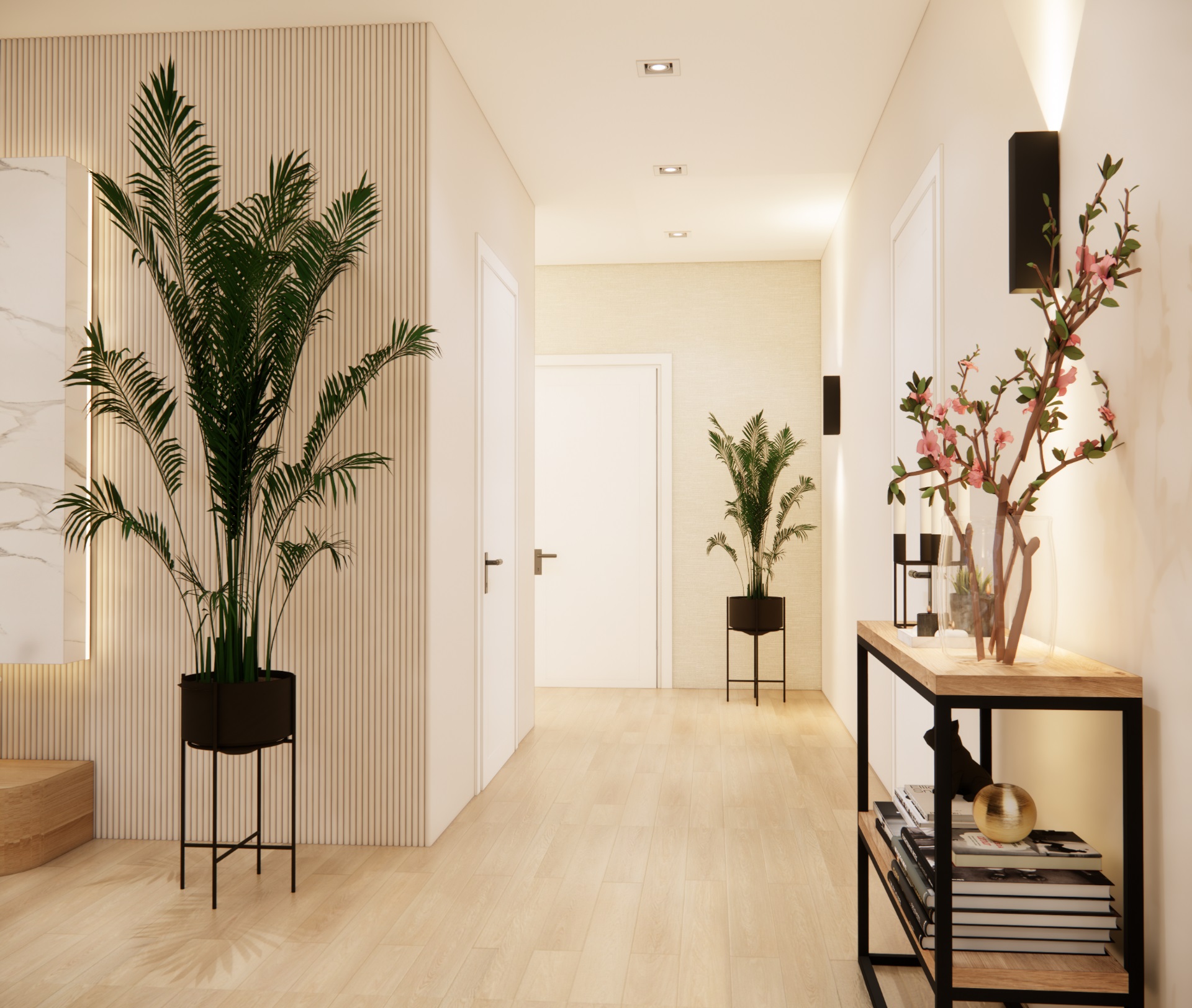 Jasny, elegancki przedpokój z konsolą, dekoracjami i dużymi roślinami w aranżacji pod klucz